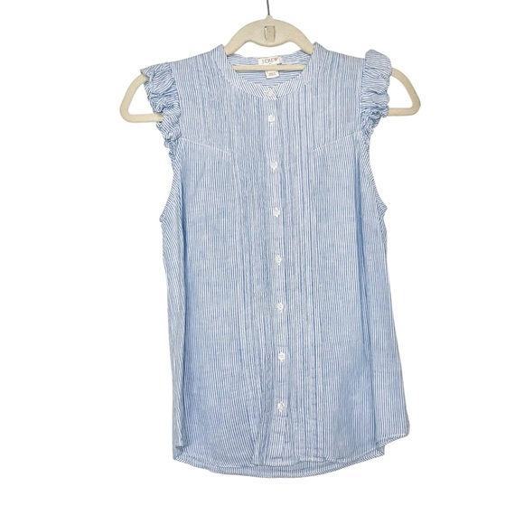 J. Crew Ruffled Cap Sleeve Seersucker Pleated Button Down Blouse Size 4 - Picture 2 of 5